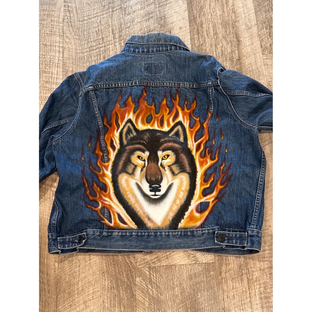 Vintage Levis 70506 Wolf Fire Hand Painted Denim Trucker Jacket Mens 46 Canada